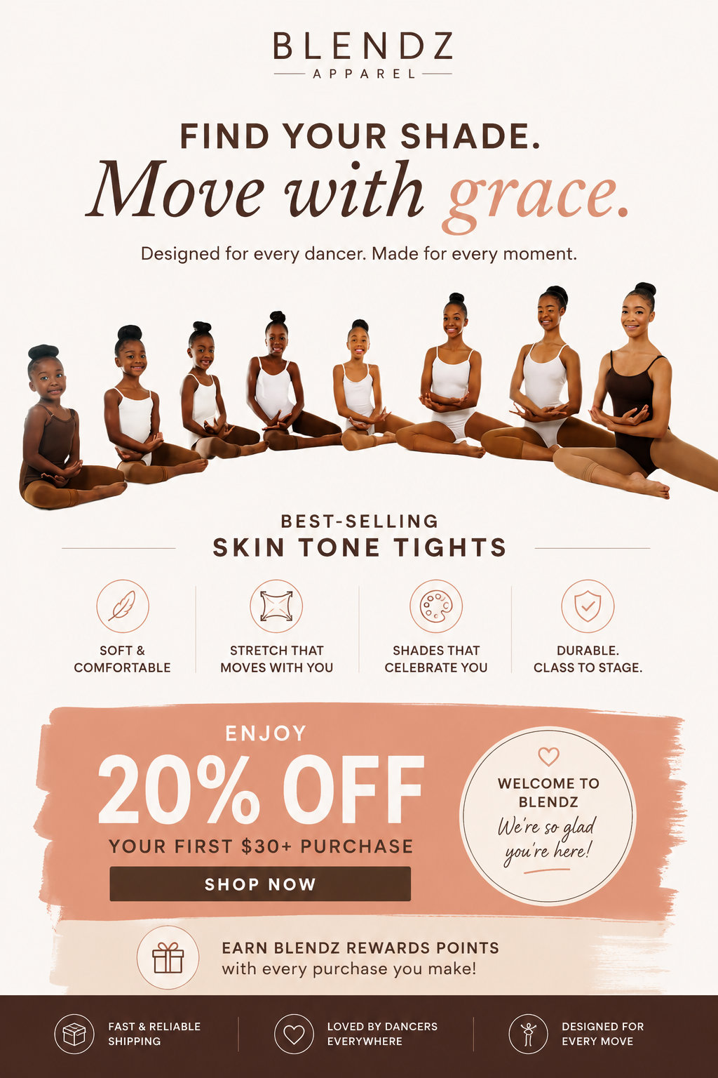 Blendz Apparel dancers wearing skin tone dancewear and tights., save 20% off your first $30+ purchase